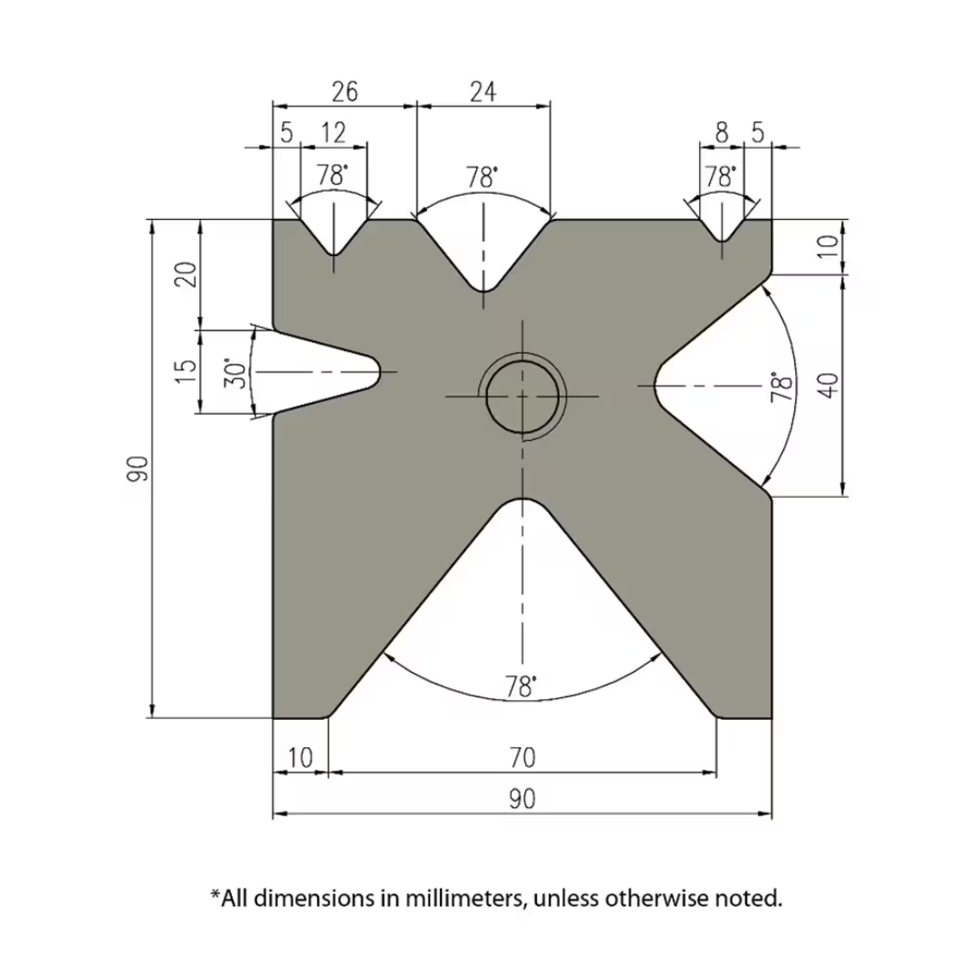 Technical tooling and bend geometry diagram for Baileigh 179-Ton Hydraulic Press Brake BP-17913CNC 1000789 illustrating precision forming configurations and press brake tooling applications.