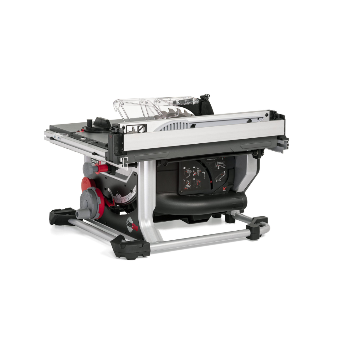 Three-quarter view of the SawStop Compact Table Saw showing integrated safety features, rip fence, and work surface.