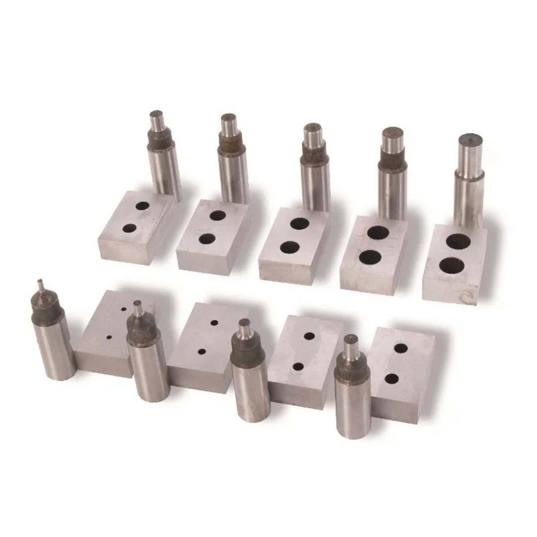 Tooling set included with the Baileigh Manual Sheet Metal Punch HP-160 1004679 featuring multiple punch and die sizes for a variety of sheet metal hole-making applications.