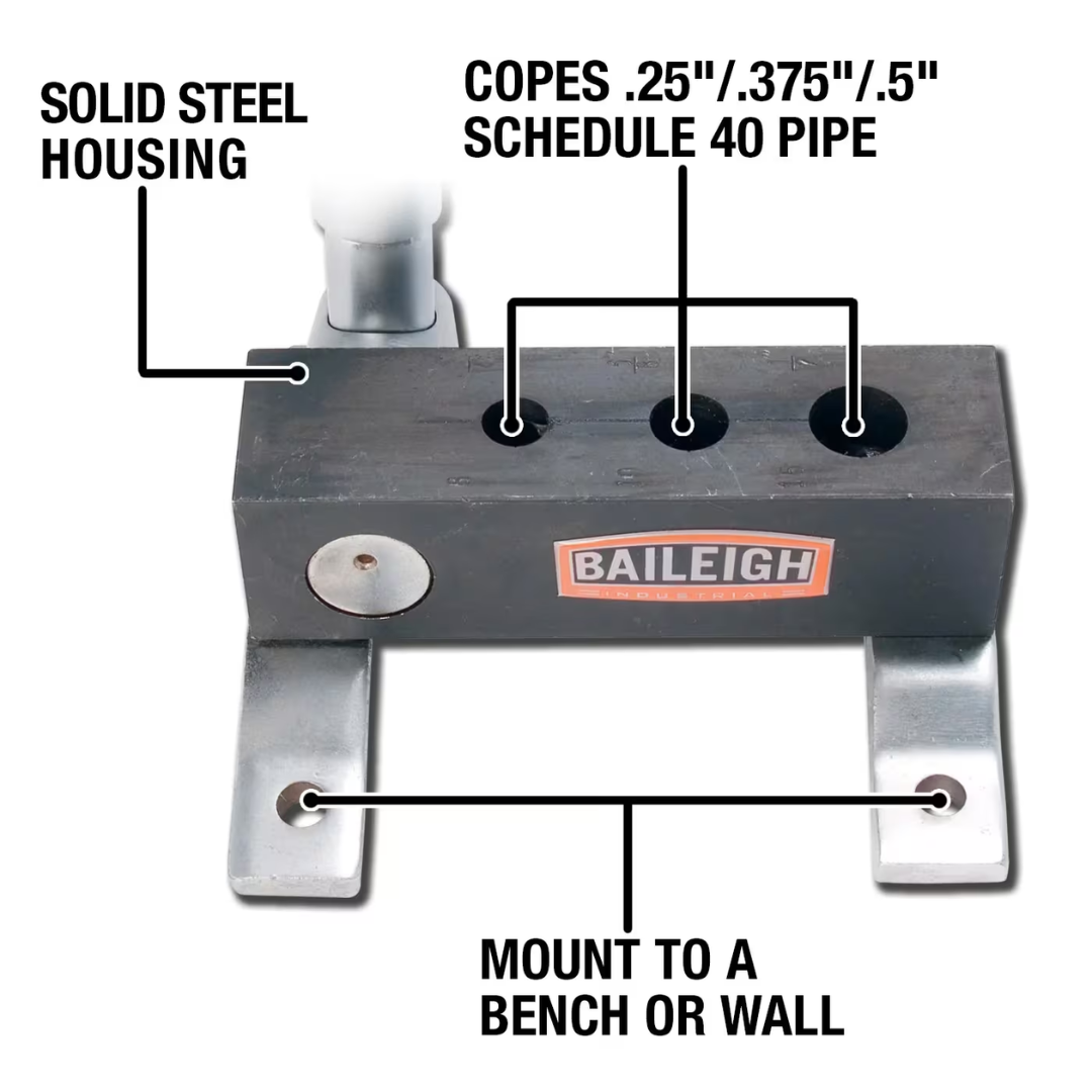 Top view of Baileigh Manual Pipe Notcher TN-50M 1008058 showing the compact steel body, hole saw mounting locations, and bench-mount design for accurate pipe notching operations.