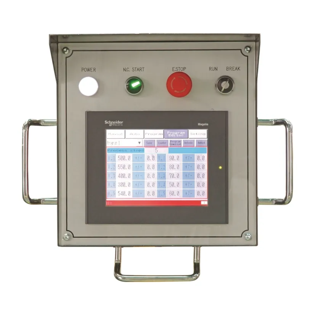 Touchscreen CNC control panel for the Baileigh 120-Inch Hydraulic Box & Pan Brake, 220V 3Ph (BB-12010H-NC) 1020999 providing programmable hydraulic bending control, precision angle adjustment, and repeatable production operation.