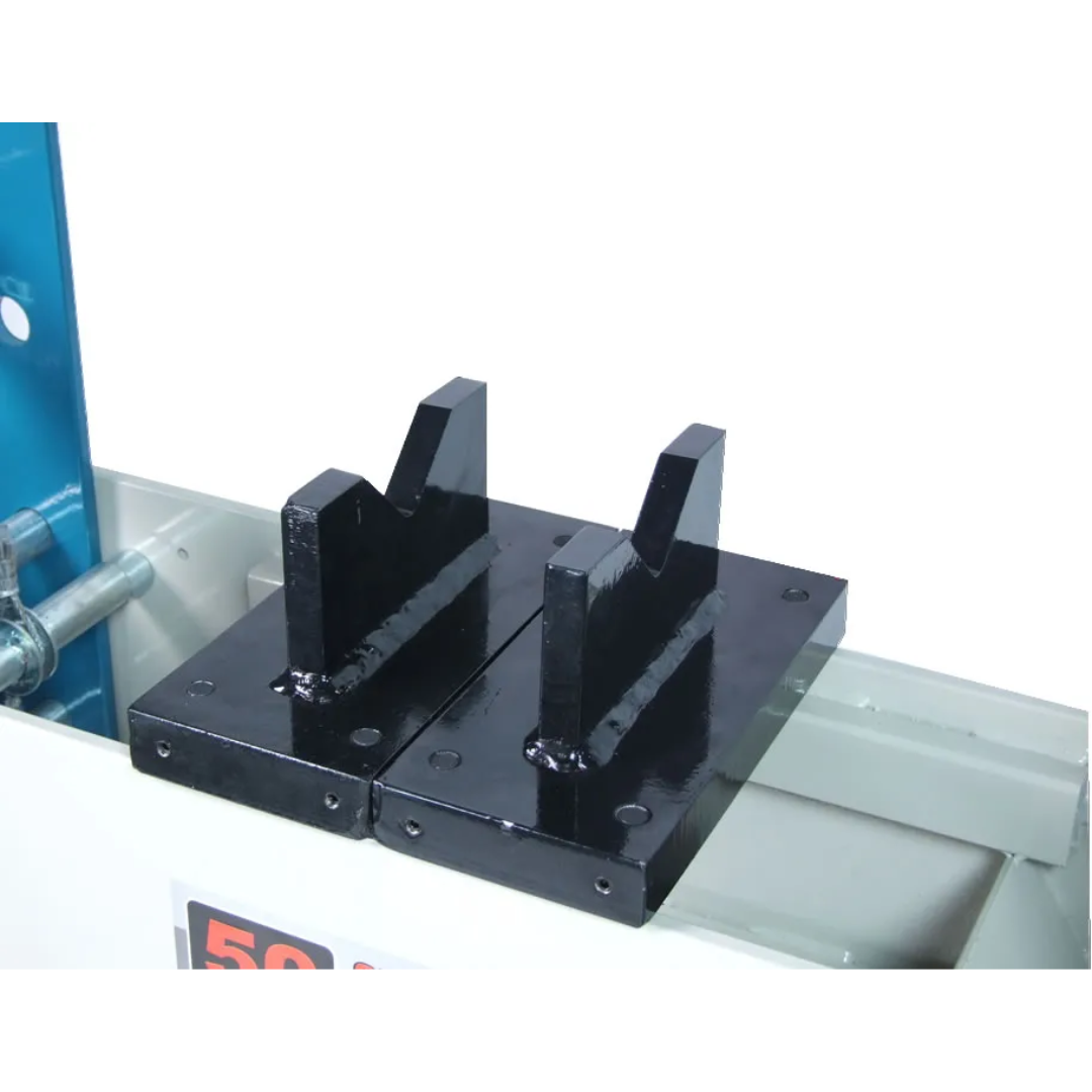 V-block work supports included with Baileigh Air/Hand Shop Press: 7.8" Stroke 1004828 for securely positioning shafts, pipe, and cylindrical components during pressing operations.