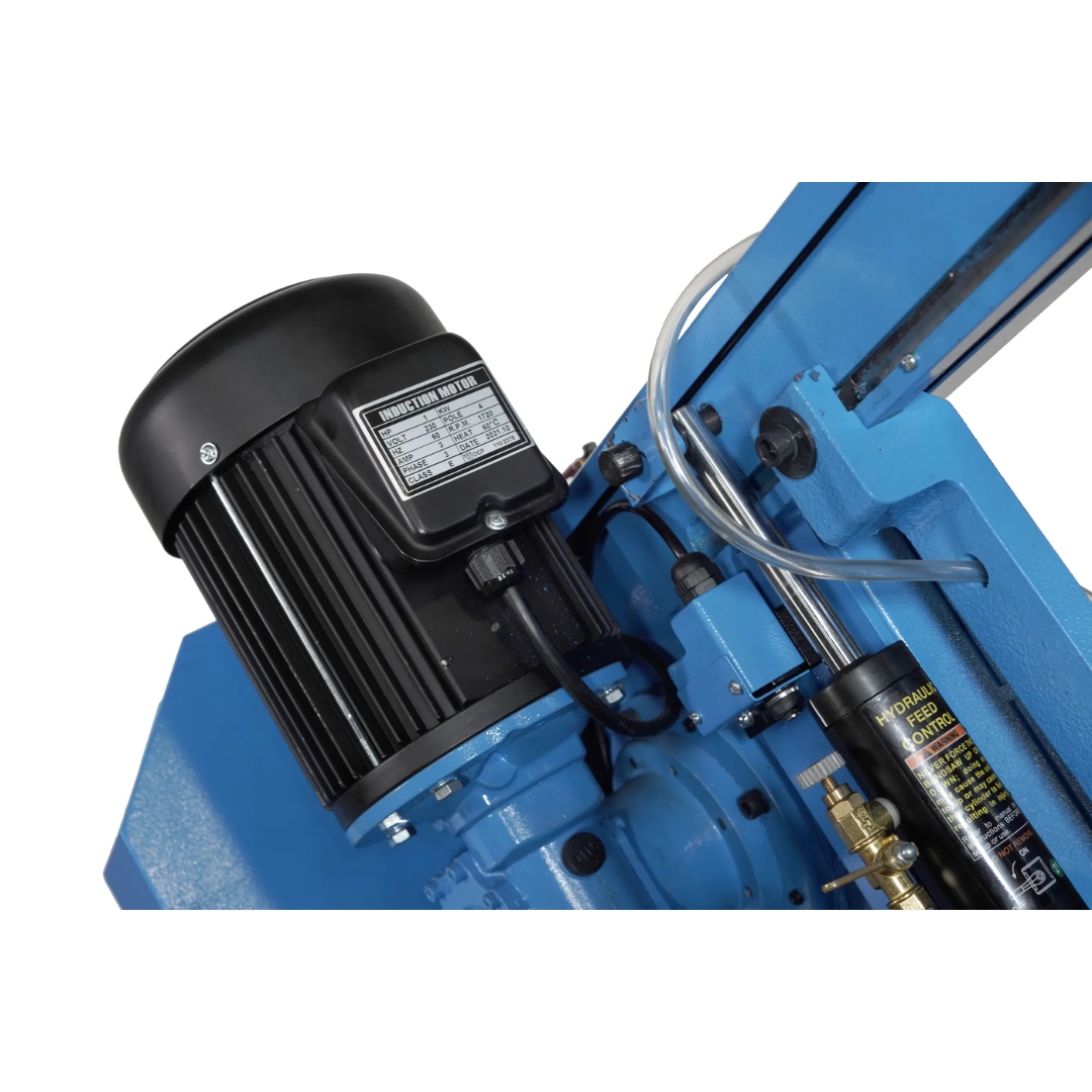 Variable speed motor and drive system on the Baileigh Portable EVS Dual Mitering Bandsaw BS-10VS 1232696 for smooth metal cutting performance.
