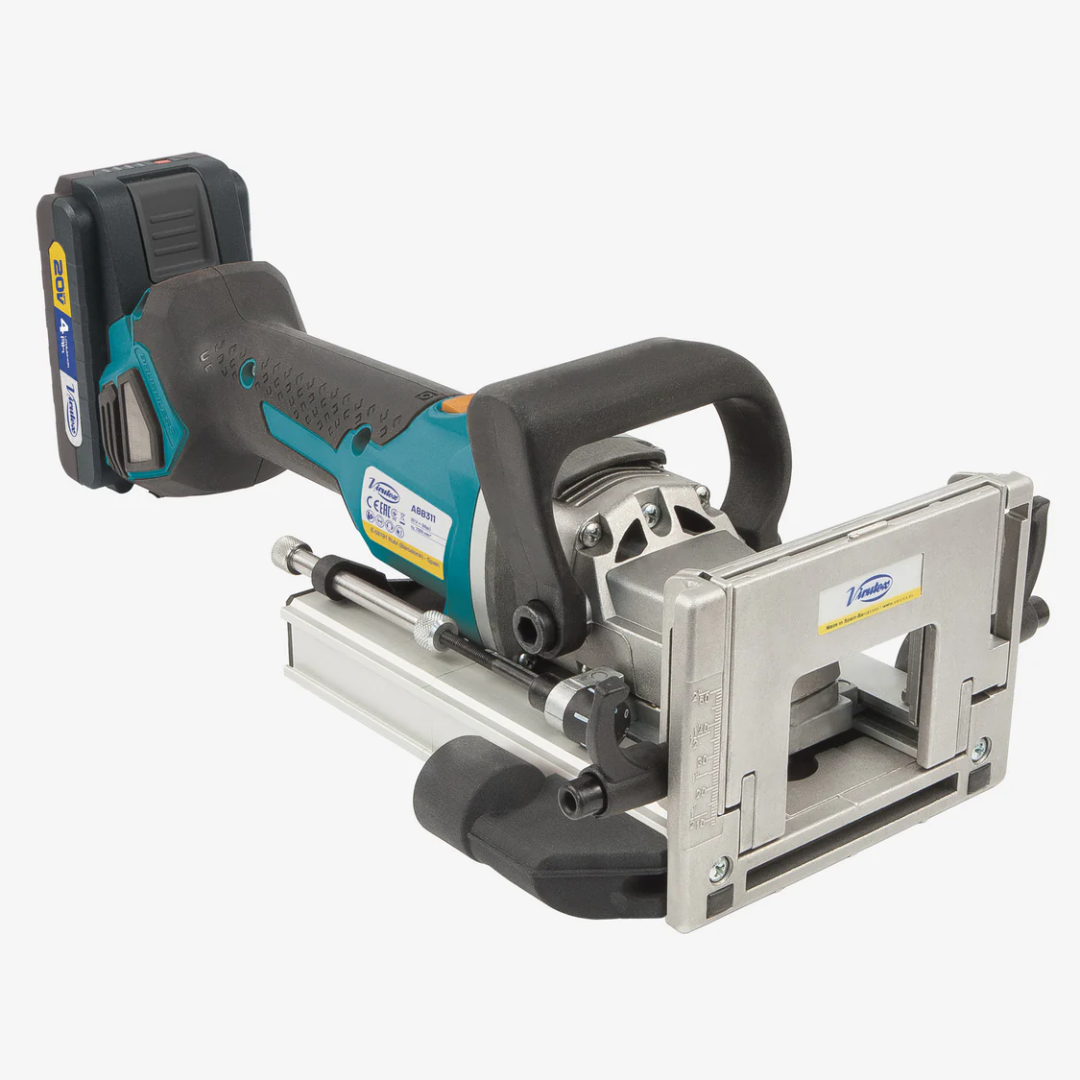 Virutex Cordless Biscuit Joiner ABB311 7900300 full view showing compact cordless design with front fence and ergonomic handle