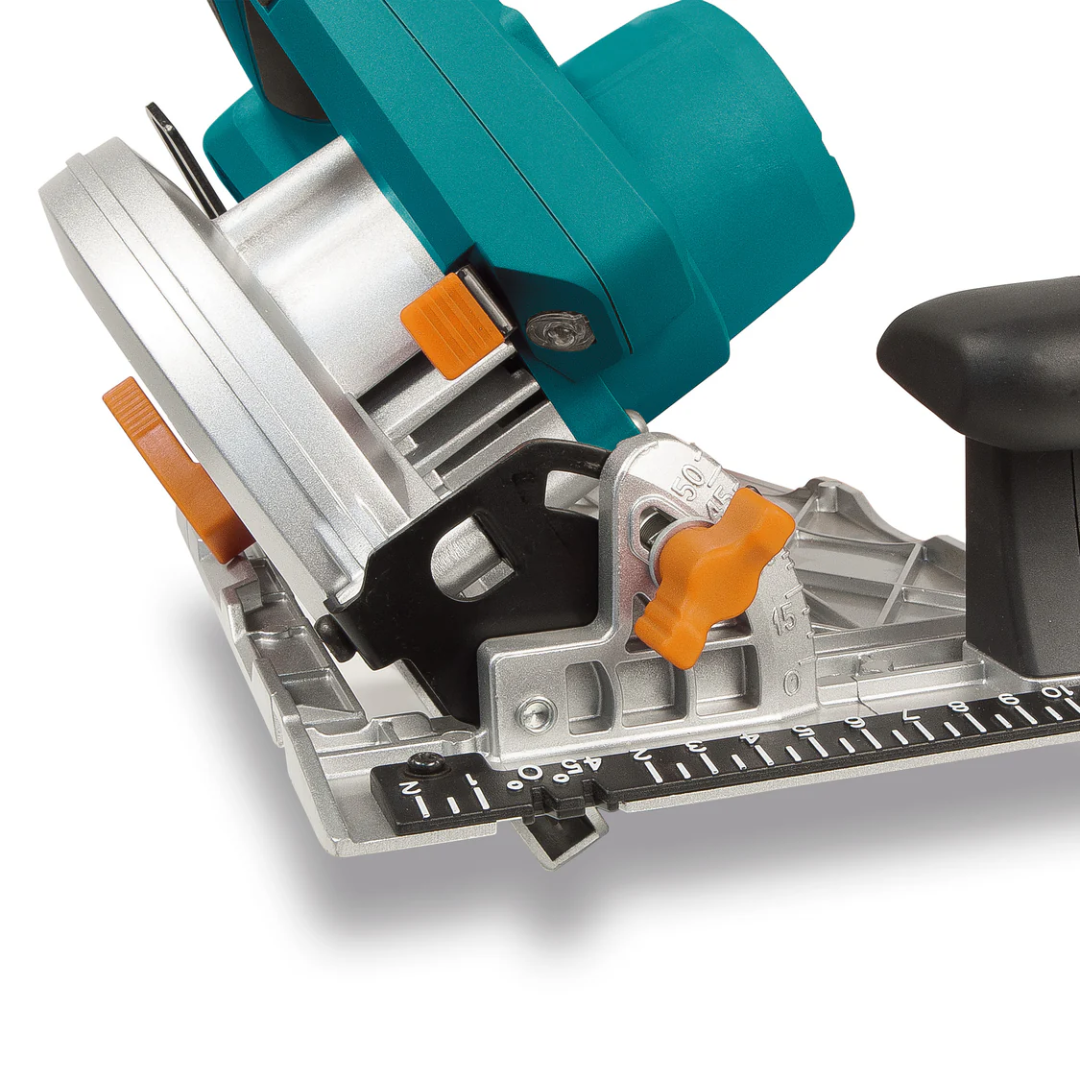 Virutex Cordless Circular Saw SRB165 7400700 close-up of cutting angle adjustment and base plate alignment