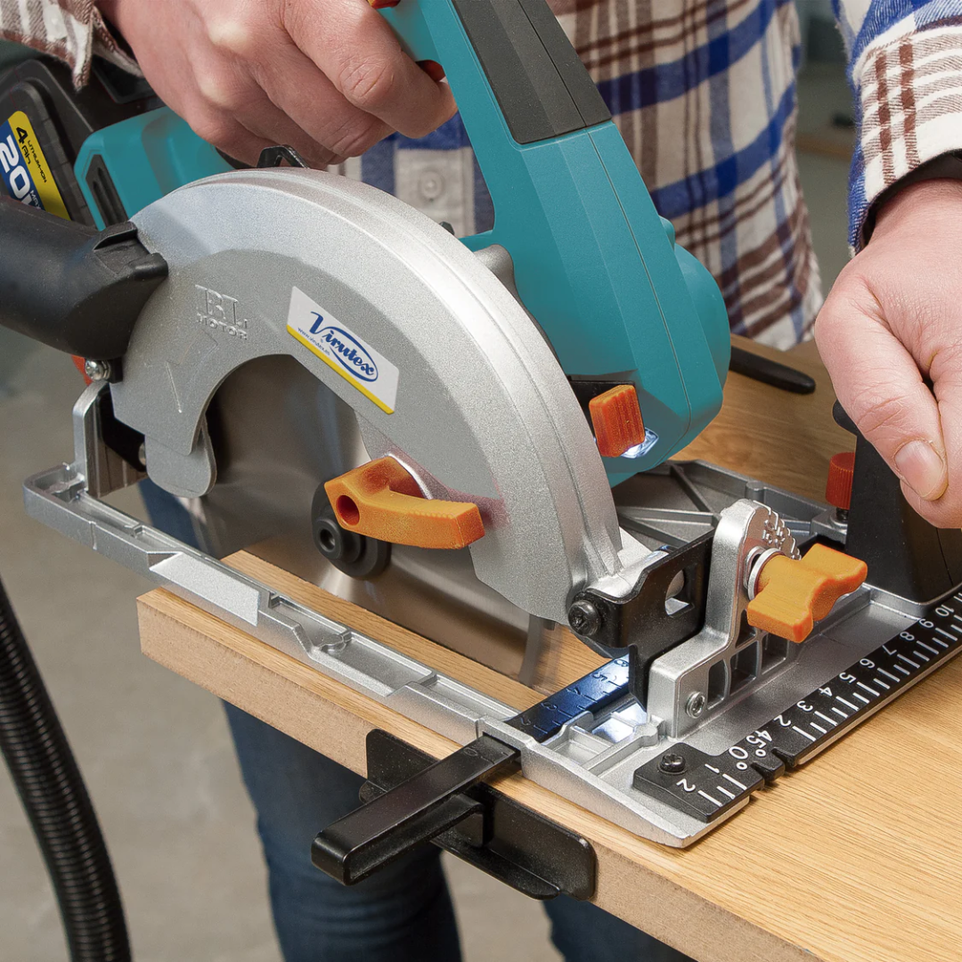 Virutex Cordless Circular Saw SRB165 7400700 in use cutting wood with precision guide and stable base plate