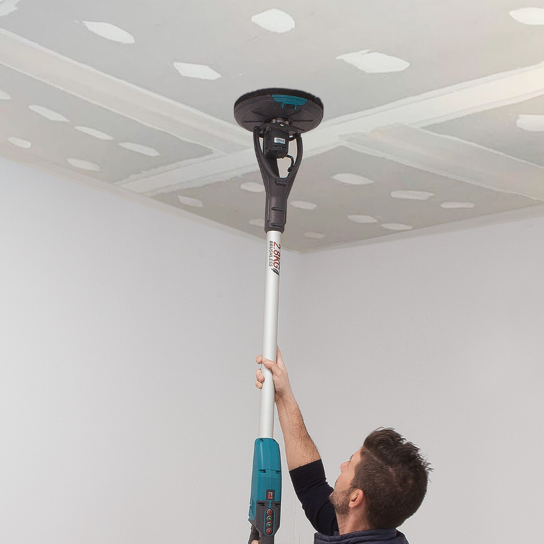 Virutex LPC197 Long Reach Drywall Sander (120V/230V) 9700200 in use sanding ceiling with long reach pole for overhead applications