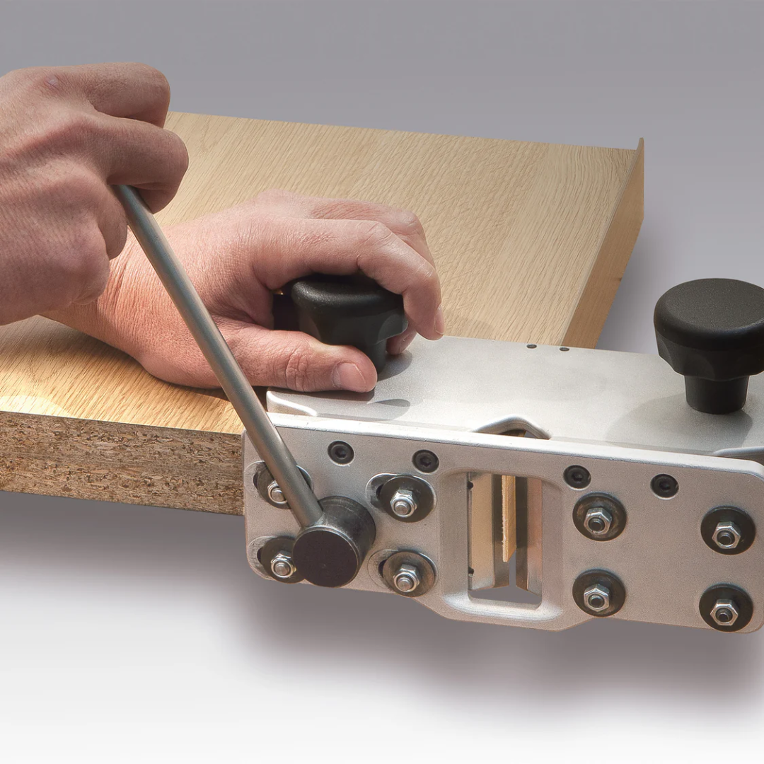 Virutex RC421 Manual End Trimmer For Edgebands Precision Edge Finishing 5246100 close-up of precision trimming process on panel edge ensuring smooth clean finish