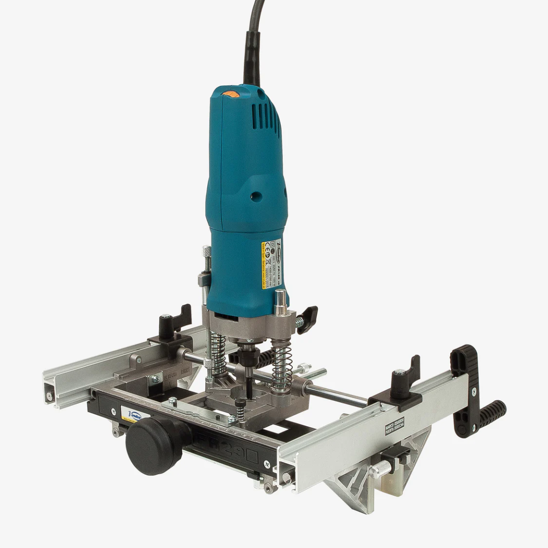 Virutex Router For Fitting Hinges FR129VB (120V) 2900815 hinge routing machine shown in full view with adjustable base and precision guide system for door hinge installation.