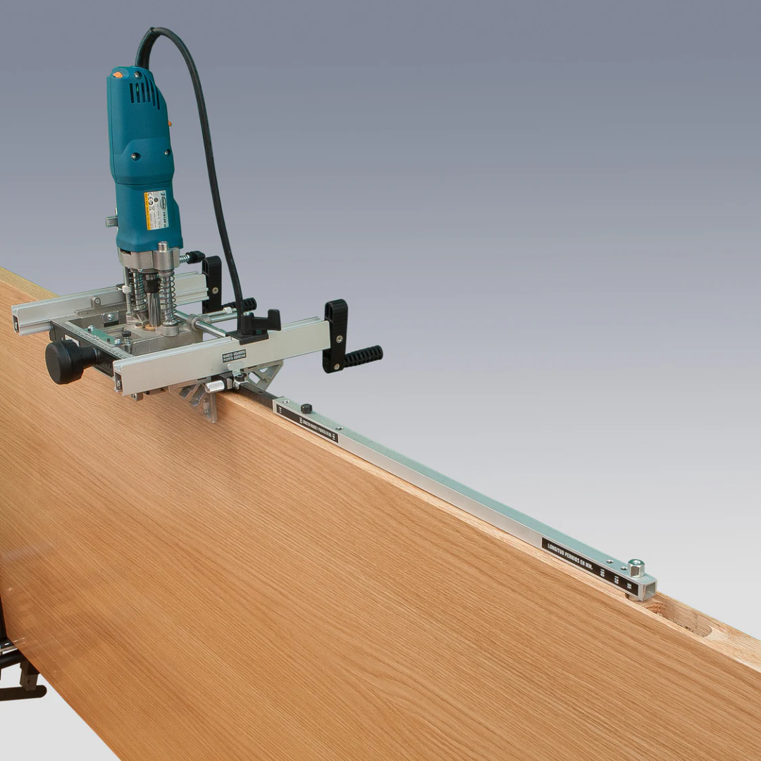 Virutex Router For Fitting Hinges FR129VB (120V) 2900815 performing hinge mortising on wooden surface with guide system for consistent results.