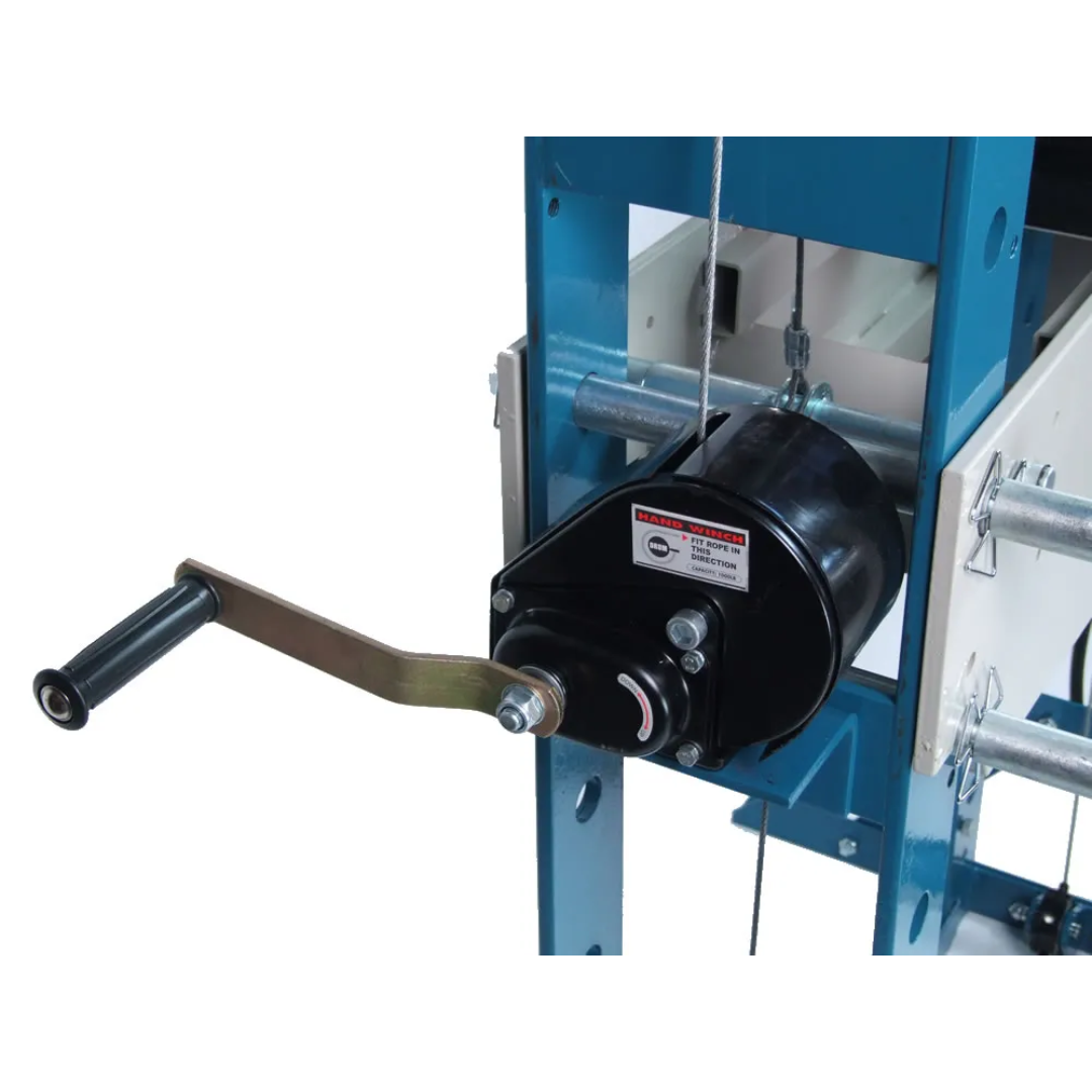 Winch adjustment mechanism on Baileigh Air/Hand Shop Press: 7.8" Stroke 1004828 allowing efficient work table positioning for different workpiece sizes.