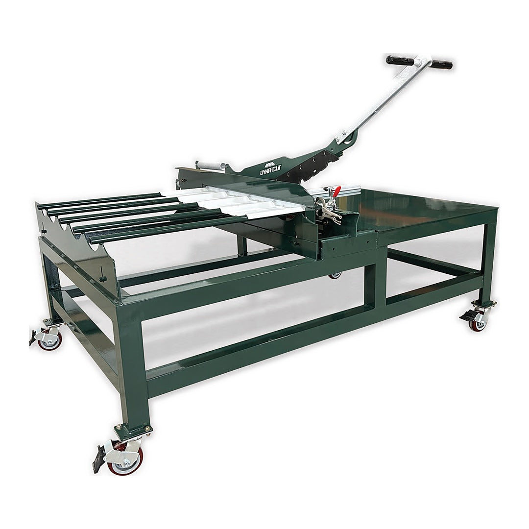 Dyna-Cut HRB-36 shear mounted on infeed/outfeed table on castors with roller infeed stand