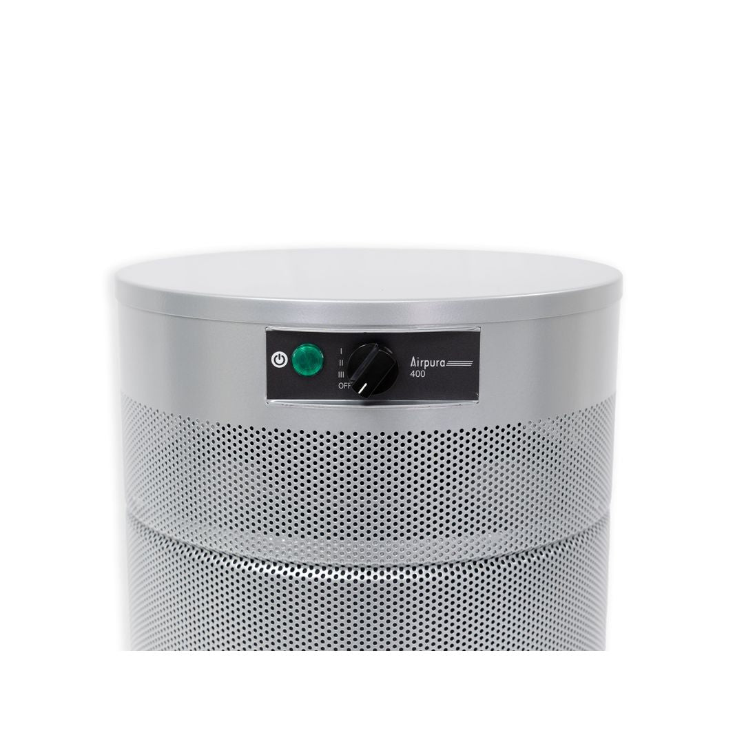 Airpura G400 air purifier, silver unit, front panel view