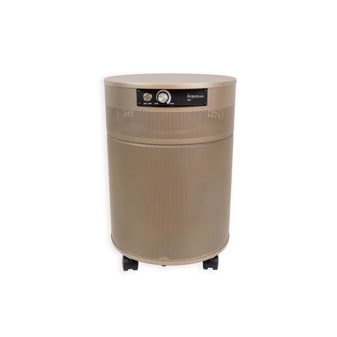 Airpura S700 air purifier, front view, brass/champagne finish