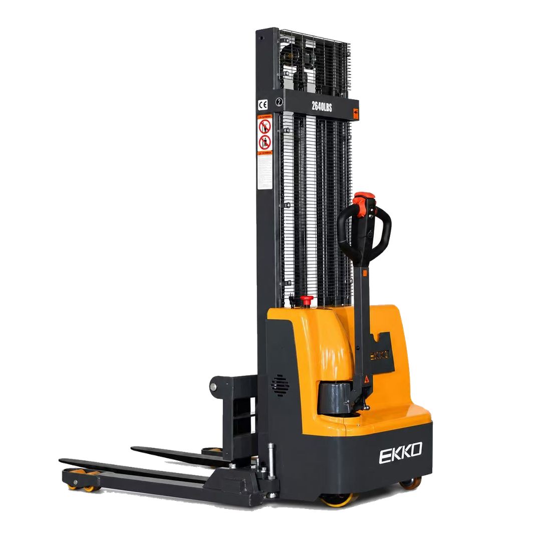 EKKO EB12E battery-powered straddle stacker for narrow-aisle pallet stacking