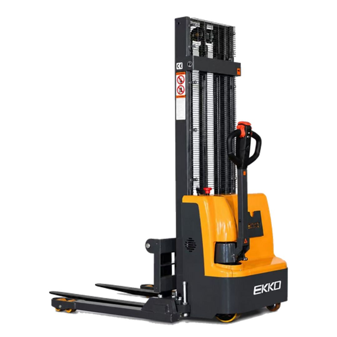 EKKO EB12EA battery-powered straddle stacker for narrow-aisle pallet stacking