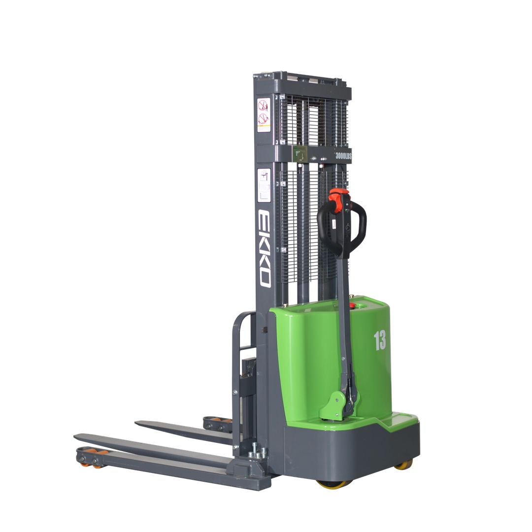 EKKO EB13C-145LI lithium-ion powered straddle stacker for narrow-aisle pallet stacking