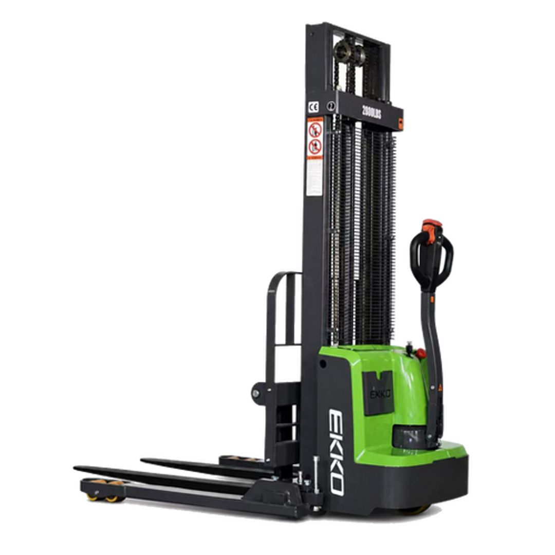 EKKO EB13E-LI lithium-ion powered straddle stacker for narrow-aisle pallet stacking