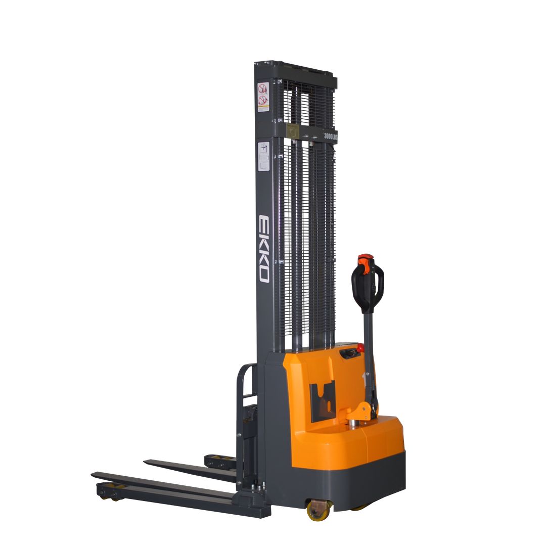 EKKO EB14C-145 battery-powered straddle stacker for narrow-aisle pallet stacking