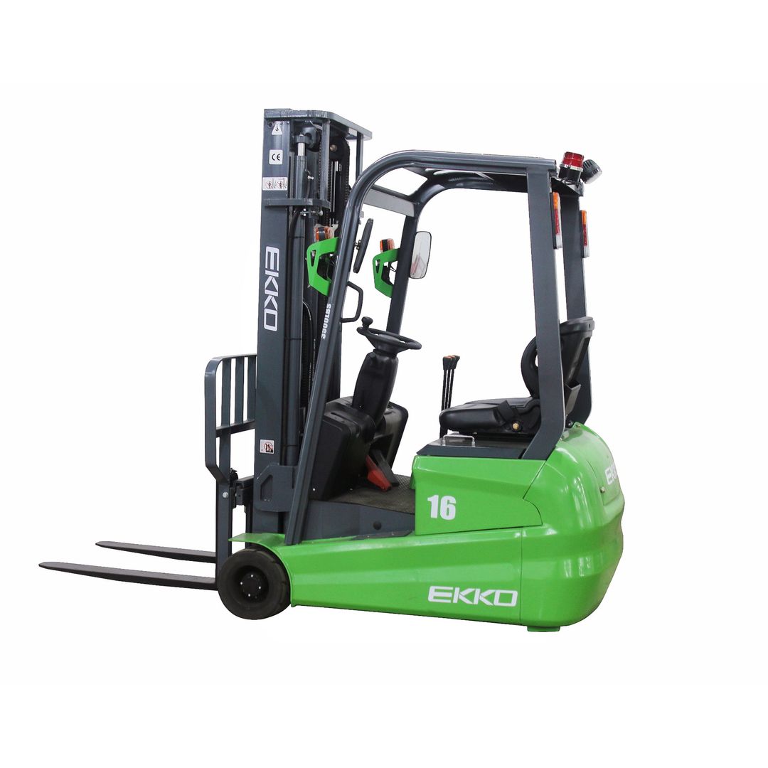 EKKO EK16A-189LI lithium-ion powered 3-wheel forklift for tight-turning warehouse maneuvering
