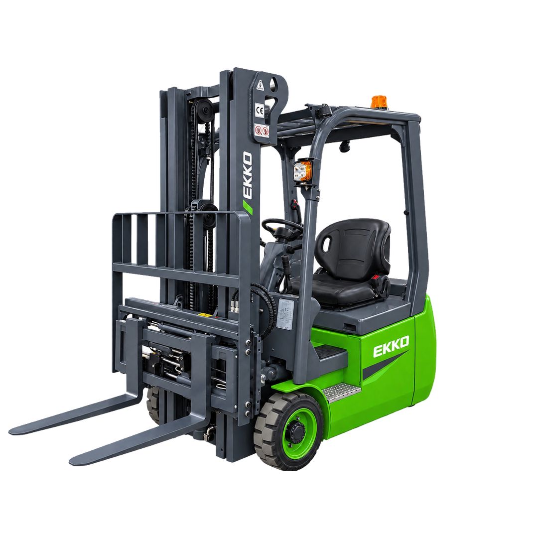 EKKO EK18AC-216LI lithium-ion powered 3-wheel forklift for tight-turning warehouse maneuvering