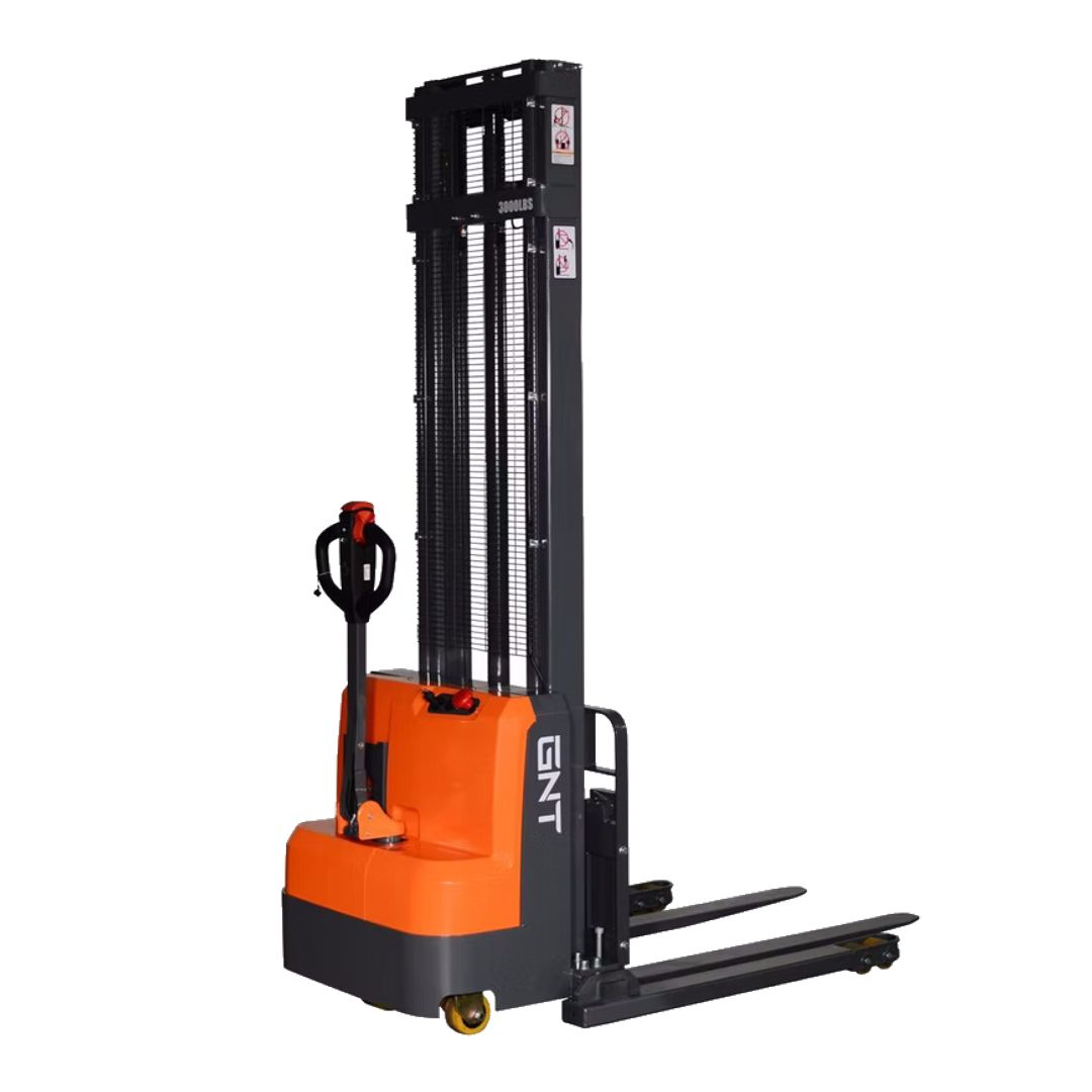 GNT GB30CS-145LI Straddle Stacker with Sideshift, front three-quarter view showing straddle legs