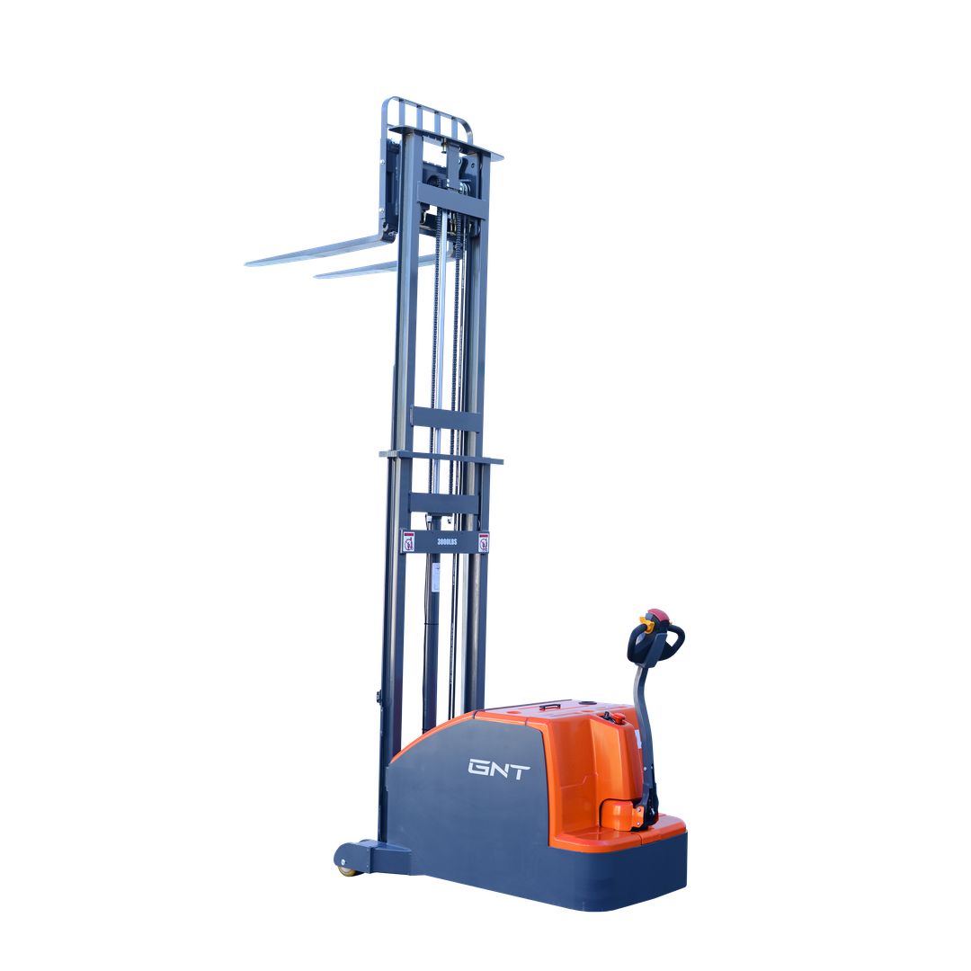 GNT G30KCS-189LI Counterbalanced Stacker, angled view showing the straddle legs and control tiller
