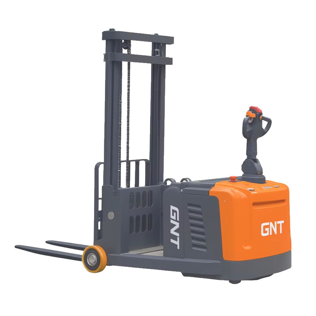 GNT G33CBS-189LI Counterbalanced Stacker, product photo showing the mast, straddle legs, and control tiller