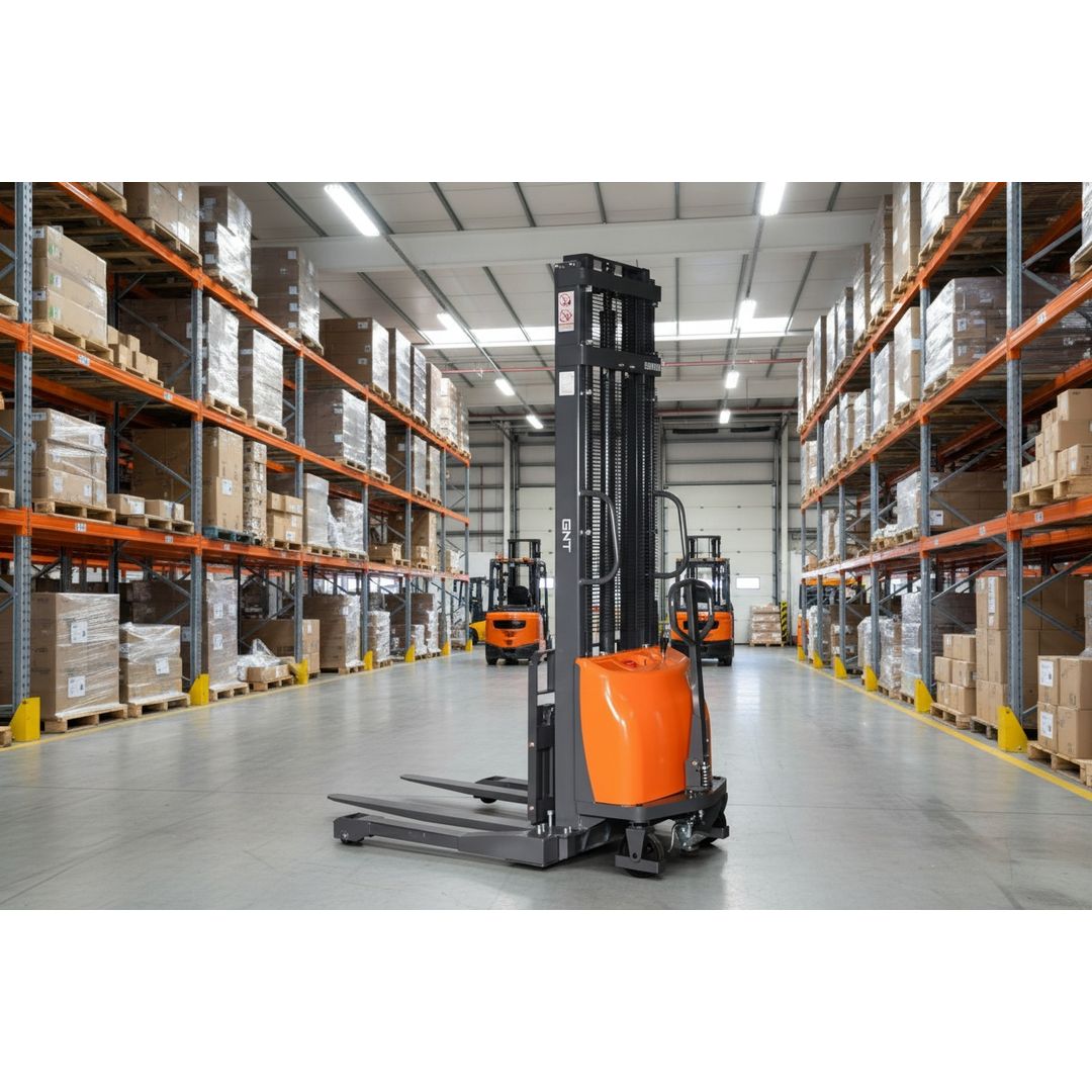 GNT G33EA-138 Semi-Electric Straddle Stacker, angled view showing the straddle legs and control tiller