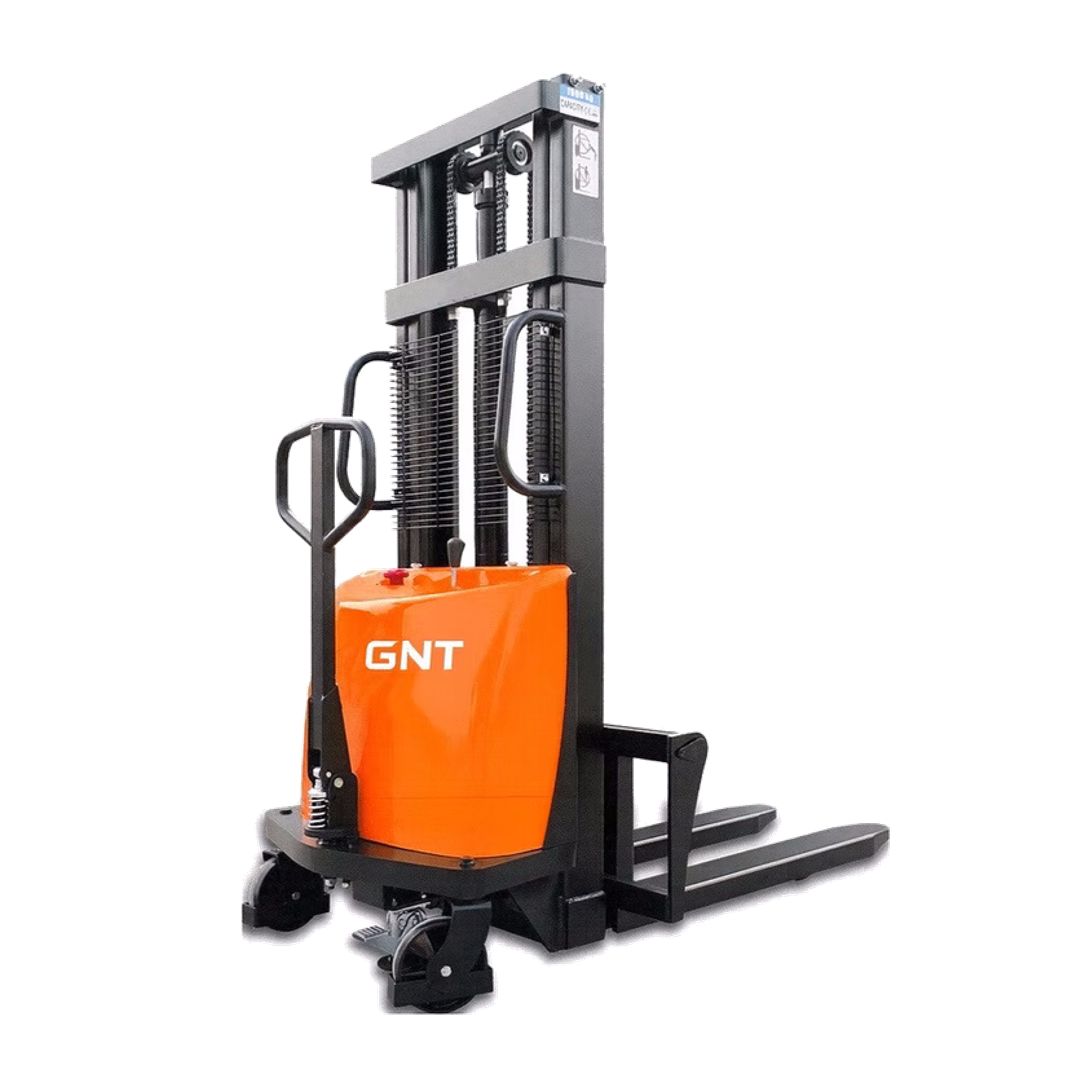 GNT G33S-138 Semi-Electric Fork-Over Straddle Stacker, product photo showing the mast, straddle legs, and control tiller