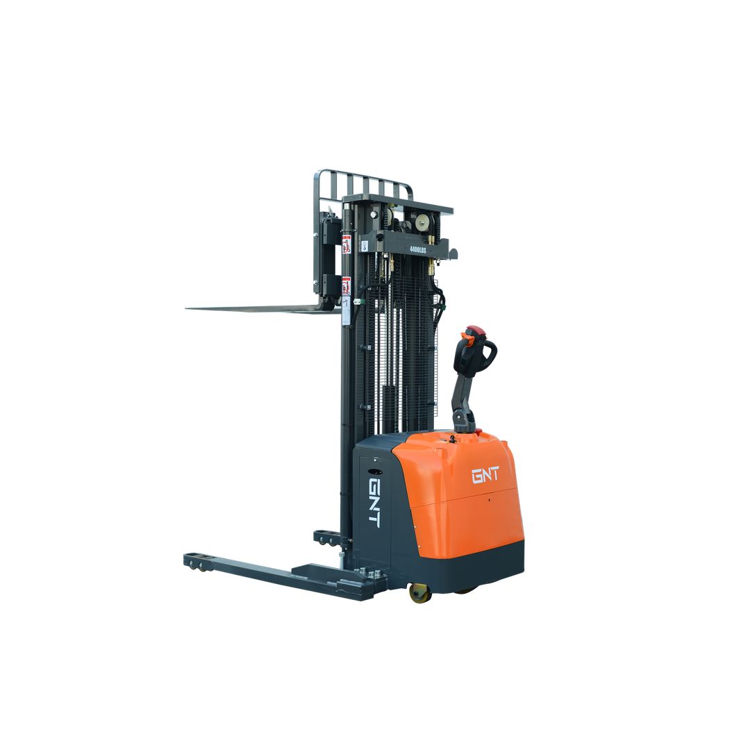 GNT G44CS-177LI Straddle Stacker, angled view showing the straddle legs and control tiller