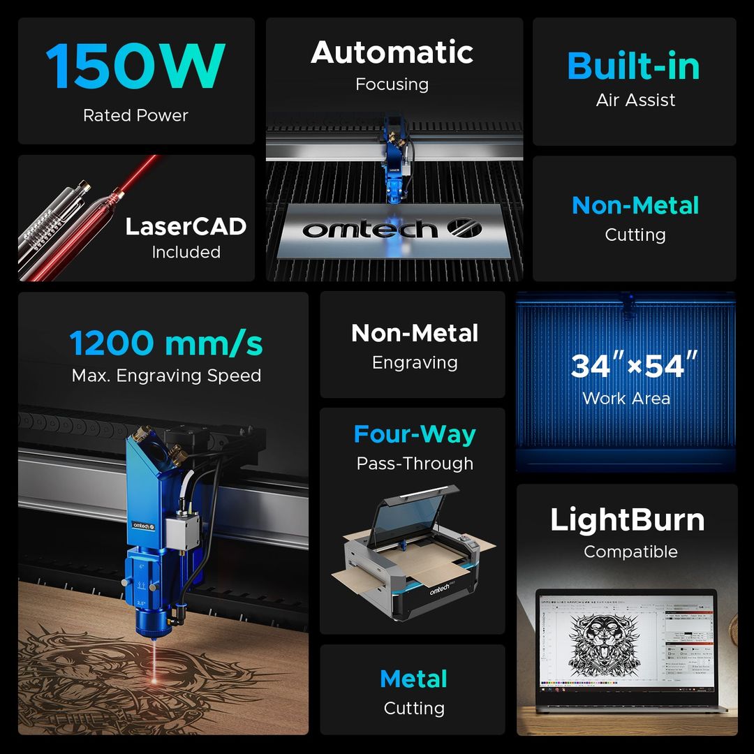 OMTech Pro 3655 Hybrid 150W Laser Cutting and Engraving Machine with 34'' x 54'' Working Area, Autofocus and Built-in Water Chiller - CEH-1409-U3 product photo 5 of 6