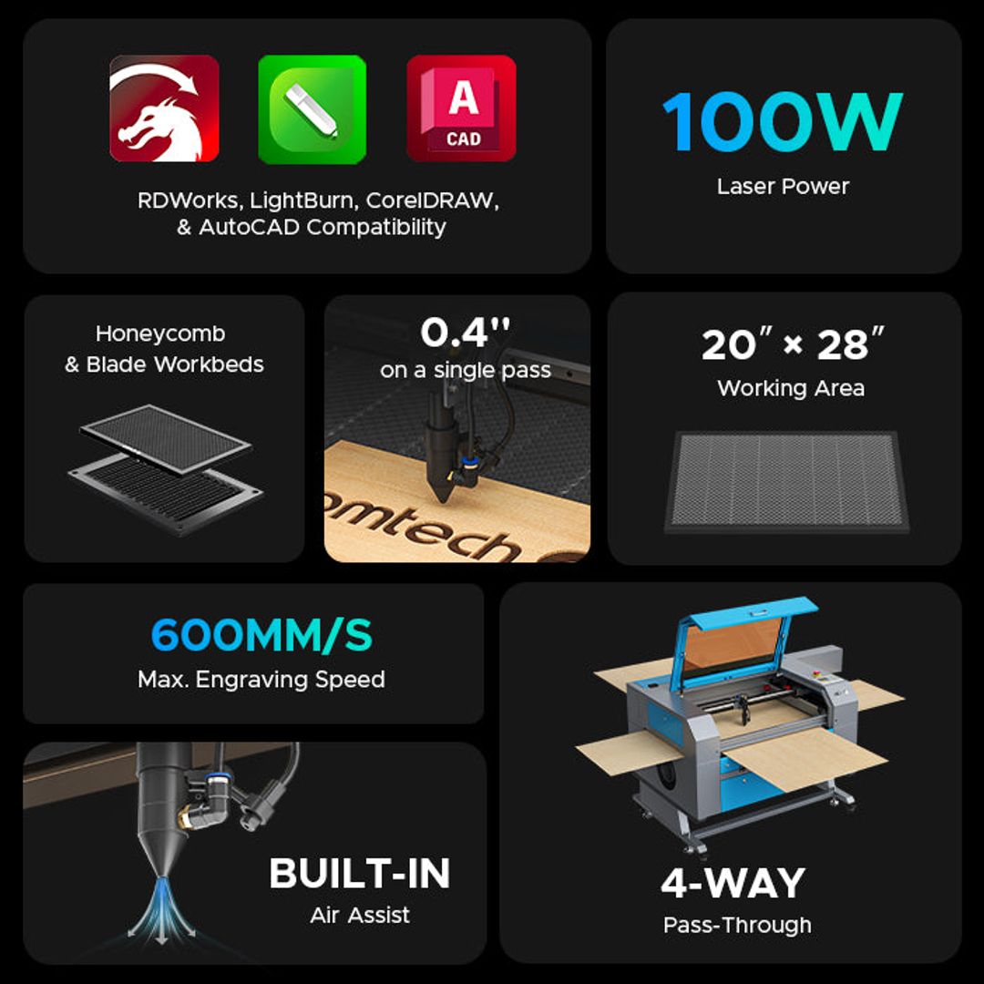OMTech Maker 20" x 28" CO2 Laser Engraver and Cutter - MF2028-100 (100W) (USB-5701-U5) product photo 12 of 12