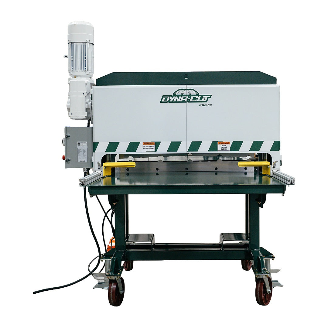 Dyna-Cut PRB-36E electric power shear on caster base, front view with white guard and drive motor