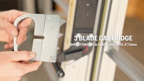 Safetyspeed SSC 250A Substrate Cutter with 98″ Maximum Crosscut close-up of cutting operation on rigid substrate with guided blade system
