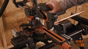 Evolution Power Tools Single Bevel Sliding Miter Saw R185SMS+ cutting wood with smooth, accurate crosscuts for professional woodworking applications.