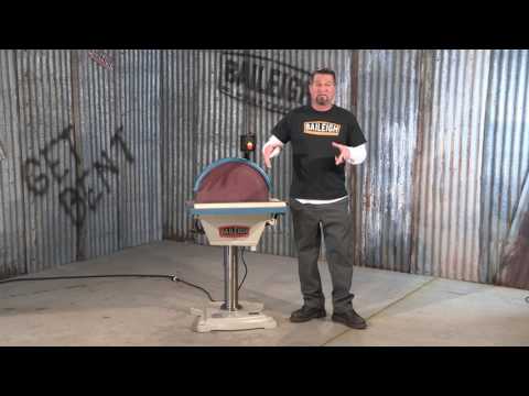 Baileigh Disc Grinder DG-500 1002708 in operation demonstrating a large industrial disc grinder used for precision metal grinding, deburring, and surface finishing in a fabrication shop.