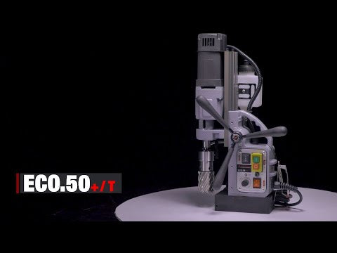 Euroboor ECO.50+/T Magnetic Drilling Machine product display highlighting the high-performance motor housing and annular cutter setup for professional metal drilling