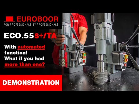 Euroboor ECO.55S+/TA Magnetic Drilling Machine product overview highlighting the high-performance motor housing, capstan feed handles, and professional magnetic drilling system for fabrication environments
