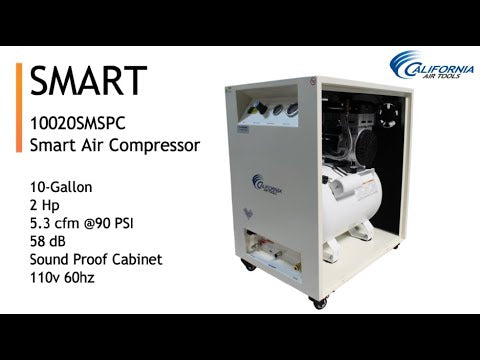 California Air Tools 10020SMSPC SMART Ultra Quiet Air Compressor cabinet door open showing internal compressor system
