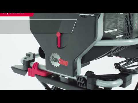 Close-up of the SawStop Compact Table Saw control system featuring safety components, adjustment controls, and durable construction.