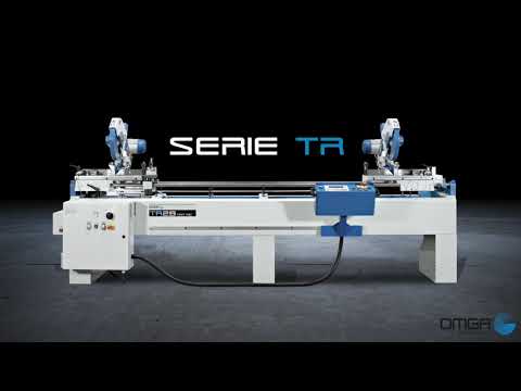 OMGA TR 2B 14" Double Mitre Chop Saw demonstrating automated dual-head mitre cutting for industrial extrusion and profile processing.