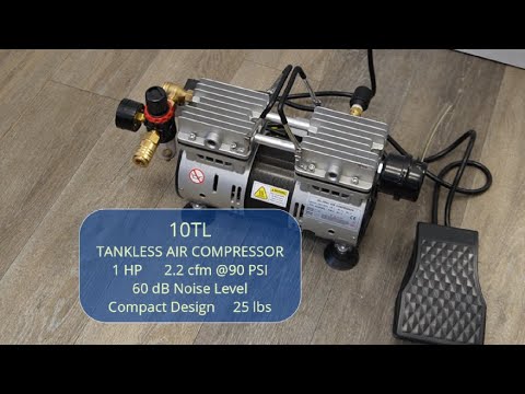 California Air Tools 10TL Ultra Quiet 1.0 Hp Tankless Air Compressor with coiled hose and accessory setup in workshop environment
