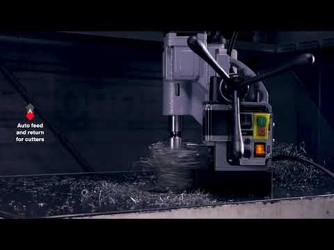Euroboor ECO.55S+/TA Magnetic Drilling Machine demonstration view showing the automatic tapping functionality and industrial drilling performance during metal fabrication operations