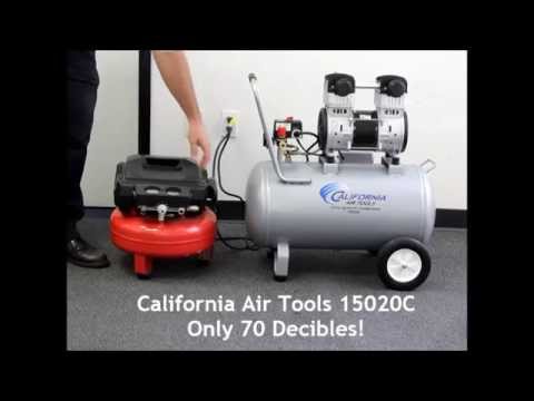 California Air Tools 15020C Ultra Quiet 2.0 Hp 15 Gallon Air Compressor side view with dual piston motor and steel tank