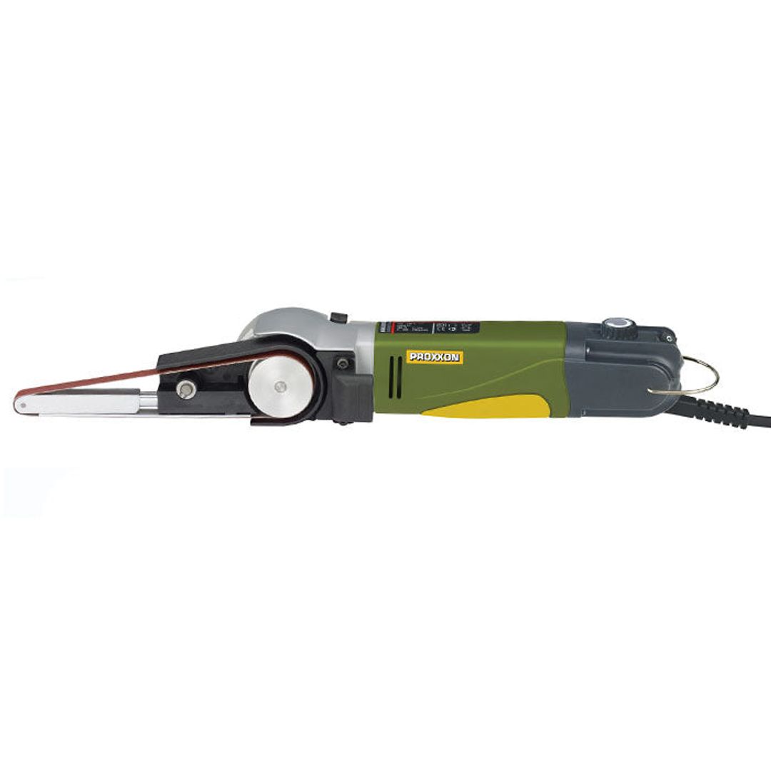 Proxxon BS/E belt sander, SKU 38536, a benchtop belt sander for shaping and finishing small parts.