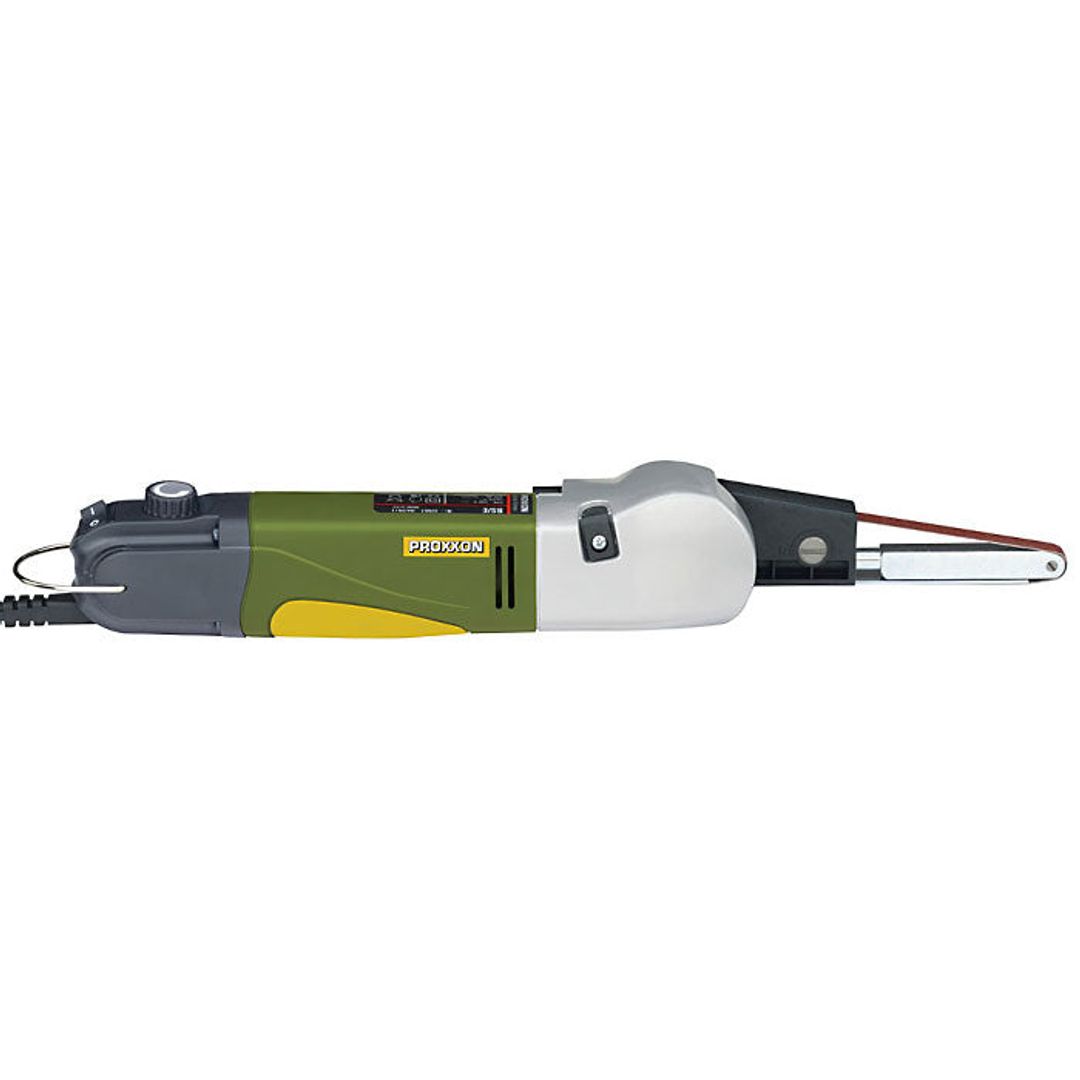 Proxxon BS/E belt sander, SKU 38536, shown with the tilting sanding table and belt guard.