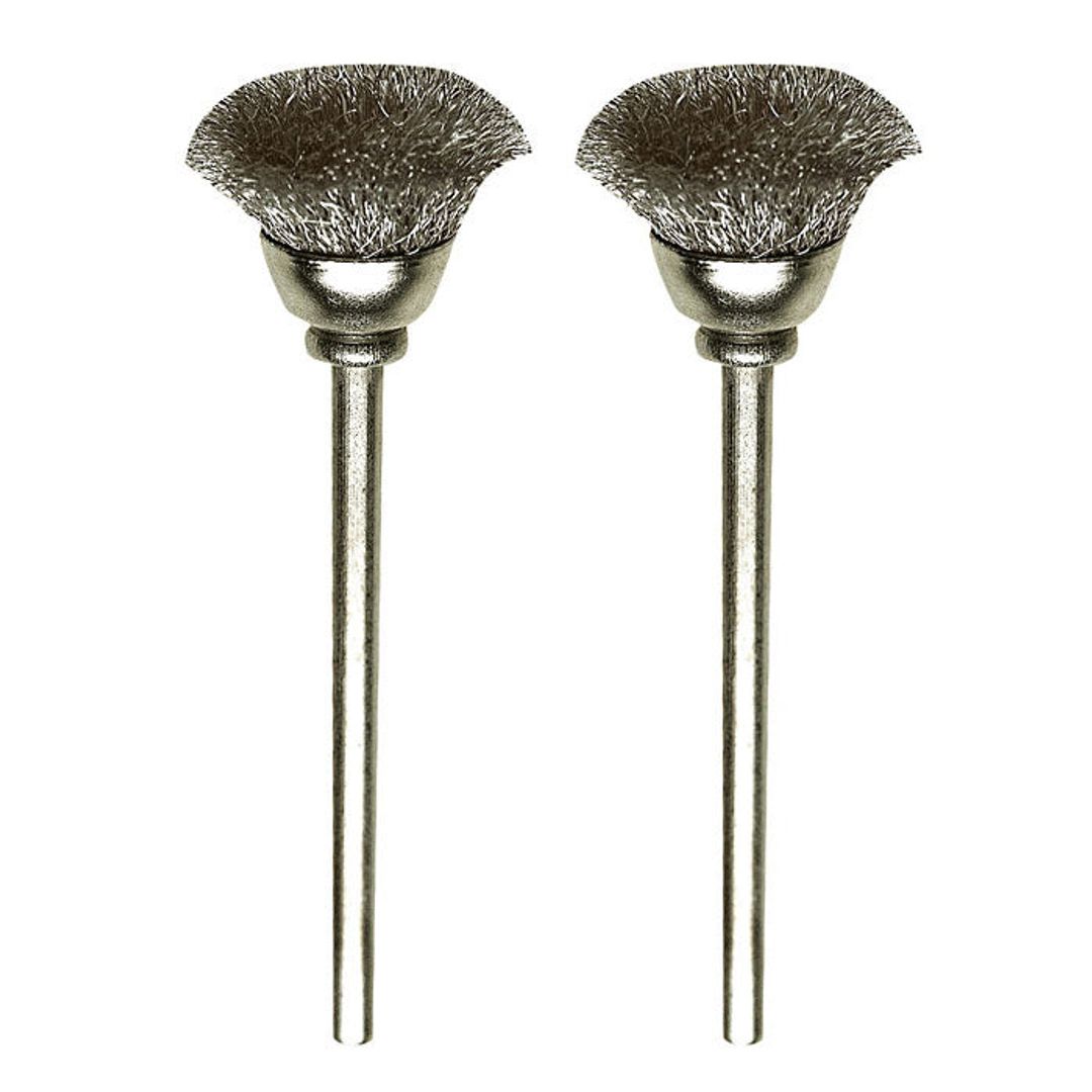 Proxxon carbon steel cup brushes, 2 pieces, Ø 33/64 inch, SKU 28953, for rotary tool cleaning and deburring.