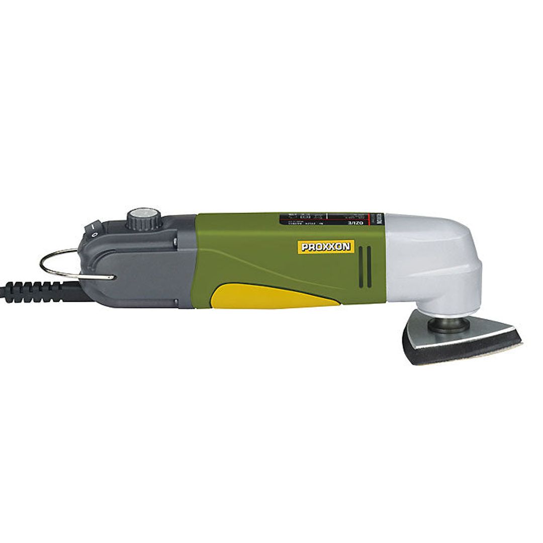 Proxxon OZI/E detail sander, SKU 38520, shown with the sanding arm and dust extraction port.