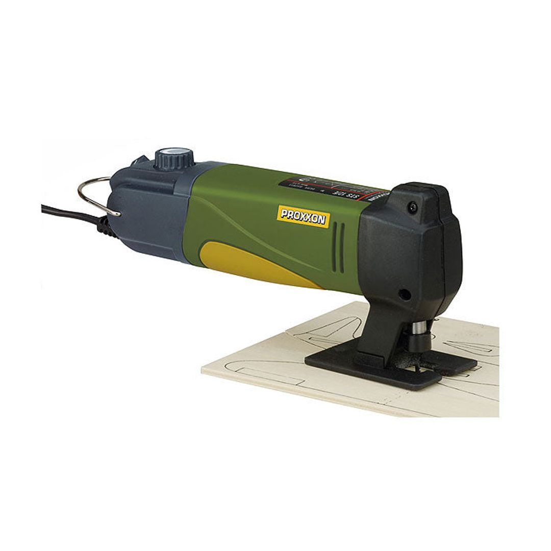 Proxxon STS 12/E jig saw, 12V, SKU 28534, shown with the cutting table and blade guard.